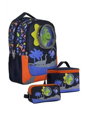 SETUMT5009A Üçlü İlkokul Çanta Seti (Mavi Kırmızı - Sevimli Dinazor - Erkek - 3D Tasarım)