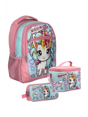 SETUMT5048A Üçlü İlkokul Çanta Seti (Pembe Turkuaz - Bebek Unicorn - Kız Çocuk)