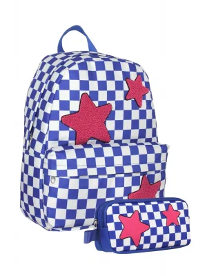 (Mavi Kırmızı - Nakışlı Yıldız - Kız) Okul Sırt Çantası ve Kalem Çantası Seti - SETUMT5086C