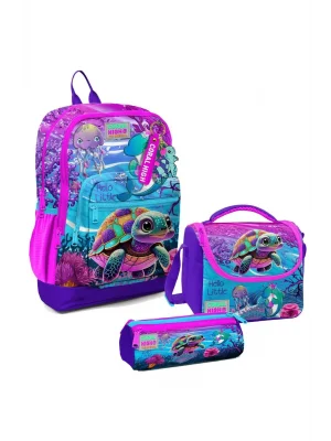 Kız Çocuk Üçlü İlkokul Okul Çanta Seti - Pembe Mor Kaplumbağa