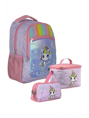 SETUMT5015A Üçlü İlkokul Çanta Seti (Turkuaz Pembe - Gökkuşağı Unicorn - Kız - Simli Kumaş)