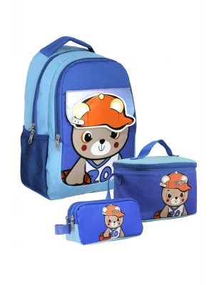 SETUMT5021A Üçlü İlkokul Çanta Seti (Mavi - Şapkalı Ayıcık - Erkek - Şapka Detaylı Bölme)