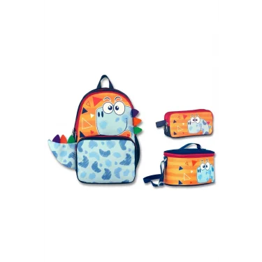 Ümit Çanta Cennec Erkek Çocuk Sevimli Dino Turuncu/Mavi Üçlü İlkokul Çanta Seti