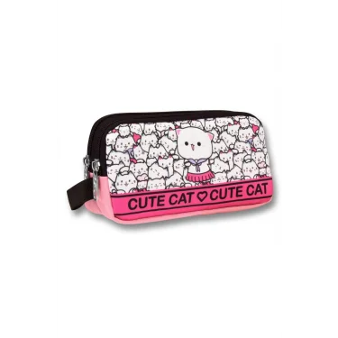 Ümit Çanta 5014 (Sevimli Kediler Desenli - Pembe Beyaz Renkli) Kız Çocuk Kalem Çantası