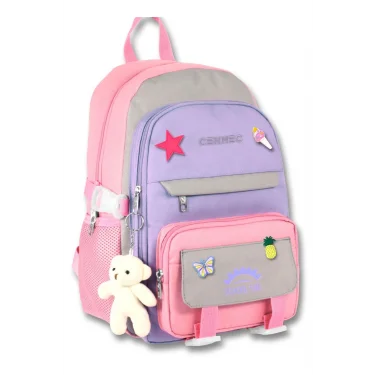 Cennec Çok Bölmeli Kız Çocuk Pembe Gri İlkokul ve Günlük Sırt Çantası - 5072