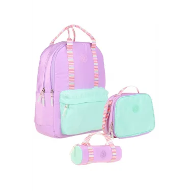 Double Stripe Kız Çocuk İlkokul Üçlü Okul Çantası Seti - Lila - Çift Renk