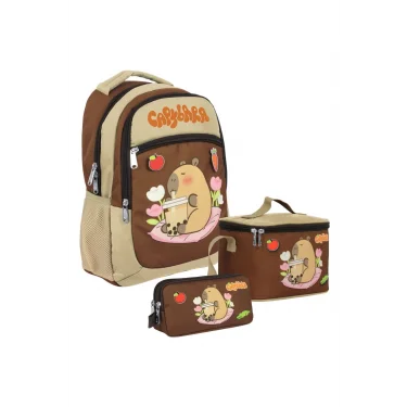 (Erkek Çocuk - Bej - Kahverengi) İlkokul Üçlü Çanta Seti - SETCPB5230A