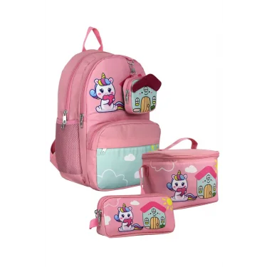 SETUMT5051A Üçlü İlkokul Çanta Seti (Pembe Yeşil - Unicorn - Kız - Sevimli Anahtarlık Dahil)