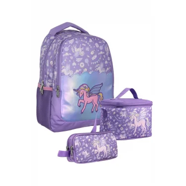 SETUMT5027A Üçlü İlkokul Çanta Seti (Lila - Nakışlı Unicorn Pegasus - Kız - Parlak Kumaş)