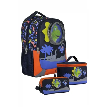 SETUMT5009A Üçlü İlkokul Çanta Seti (Mavi Kırmızı - Sevimli Dinazor - Erkek - 3D Tasarım)