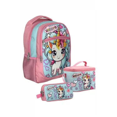 SETUMT5048A Üçlü İlkokul Çanta Seti (Pembe Turkuaz - Bebek Unicorn - Kız Çocuk)