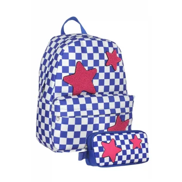 (Mavi Kırmızı - Nakışlı Yıldız - Kız) Okul Sırt Çantası ve Kalem Çantası Seti - SETUMT5086C