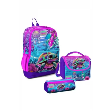 Kız Çocuk Üçlü İlkokul Okul Çanta Seti - Pembe Mor Kaplumbağa