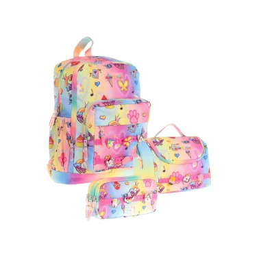 Kids Üçlü İlkokul 1.2.3.4. Sınıf Okul Çanta Seti - Mavi Sarı - Kız Çocuk - Silikon Aksesuarlı