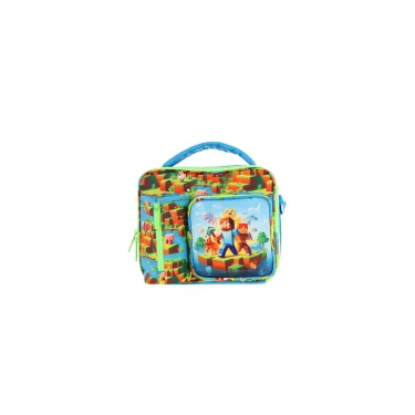 Erkek Mavi Yeşil Craft Desenli Thermo Üç Bölme (Matara Cepli) Okul Beslenme Çantası L7280