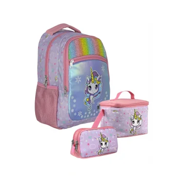 SETUMT5015A Üçlü İlkokul Çanta Seti (Turkuaz Pembe - Gökkuşağı Unicorn - Kız - Simli Kumaş)