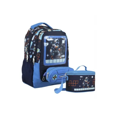 Oyun Konsolu Desenli Erkek Çocuk Mavi Siyah İkili Çanta ve Beslenme Seti - SETUMT5030B