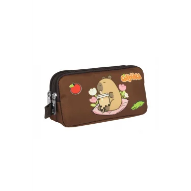 Capybara Erkek Çocuk İki Bölmeli Kalem Çantası - Bej - Kahverengi - 5232 Çok Renkli