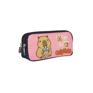Capybara Kız Çocuk İki Bölmeli Kalem Çantası - Lacivert - Pembe - 5205 Çok Renkli