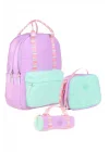 Double Stripe Kız Çocuk İlkokul Üçlü Okul Çantası Seti - Lila - Çift Renk