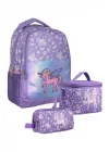 SETUMT5027A Üçlü İlkokul Çanta Seti (Lila - Nakışlı Unicorn Pegasus - Kız - Parlak Kumaş)
