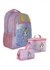SETUMT5015A Üçlü İlkokul Çanta Seti (Turkuaz Pembe - Gökkuşağı Unicorn - Kız - Simli Kumaş)