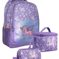 SETUMT5027A Üçlü İlkokul Çanta Seti (Lila - Nakışlı Unicorn Pegasus - Kız - Parlak Kumaş)