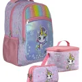 SETUMT5015A Üçlü İlkokul Çanta Seti (Turkuaz Pembe - Gökkuşağı Unicorn - Kız - Simli Kumaş)