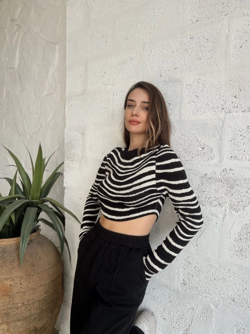 ZEBRA DESEN CROP TRİKO SİYAH