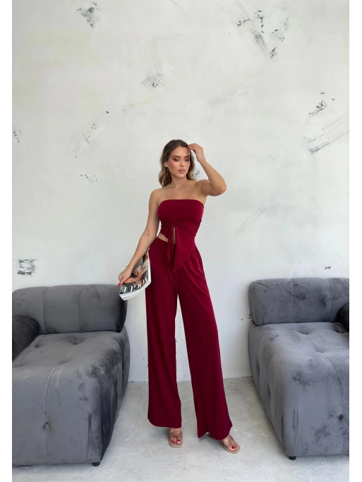 STRAPLEZ BÜZGÜLÜ BLUZ VE PANTOLON SANDY İKİLİ TAKIM BORDO