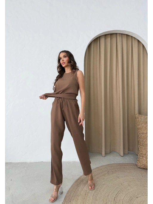 SIFIR KOL BLUZ VE PANTOLONLU İKİLİ TAKIM KAHVE