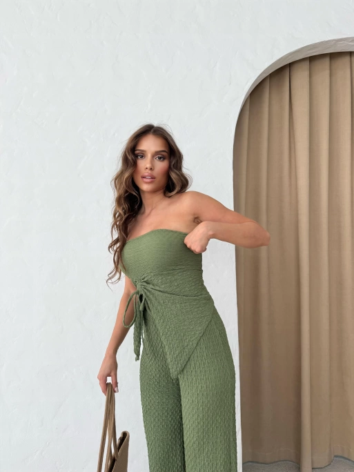 STRAPLEZ BÜZGÜLÜ BLUZ VE PANTOLONLU GOFRE İKİLİ TAKIM HAKİ