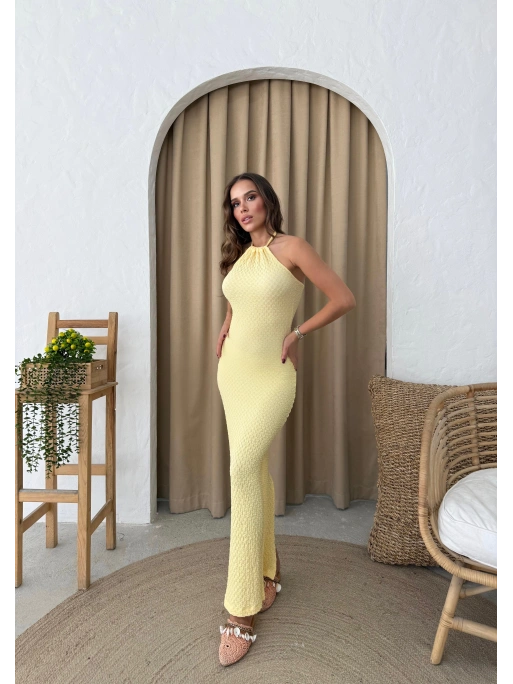 BOYUNDAN BAĞLAMALI GOFRE UZUN ELBİSE SARI