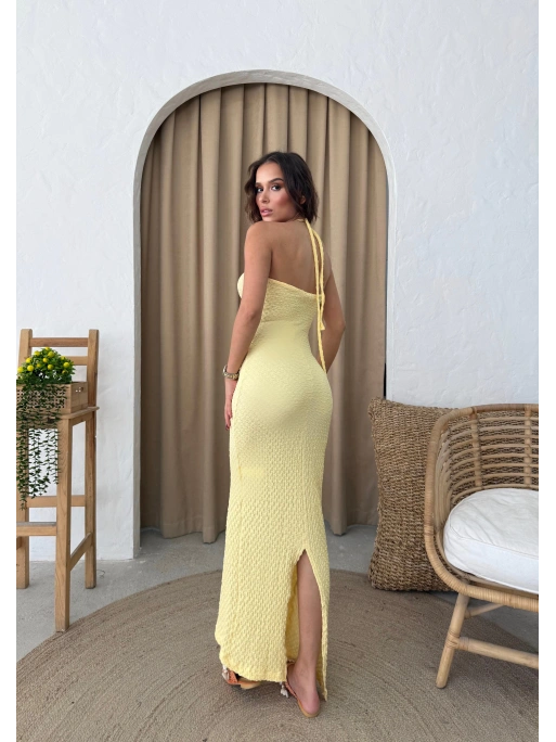 BOYUNDAN BAĞLAMALI GOFRE UZUN ELBİSE SARI