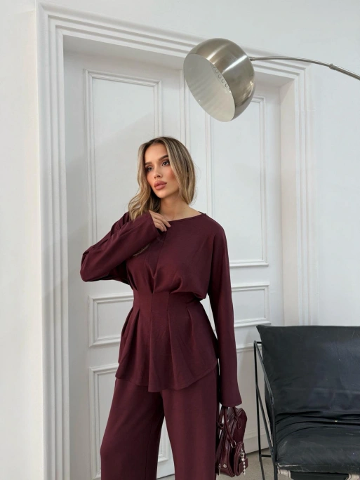 SIRT BAĞLAMA DETAY BLUZ VE PANTOLONLU MODAL İKİLİ TAKIM BORDO