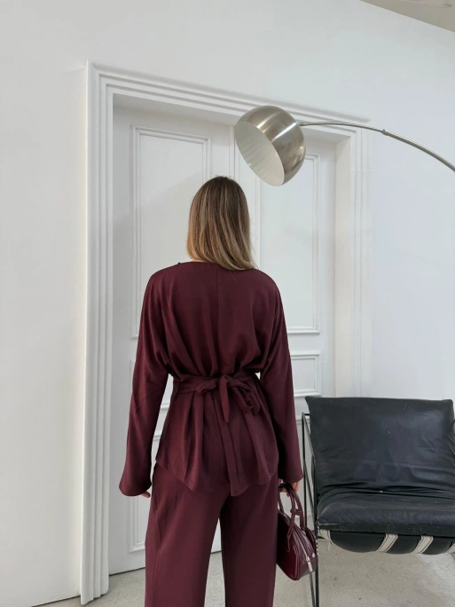 SIRT BAĞLAMA DETAY BLUZ VE PANTOLONLU MODAL İKİLİ TAKIM BORDO