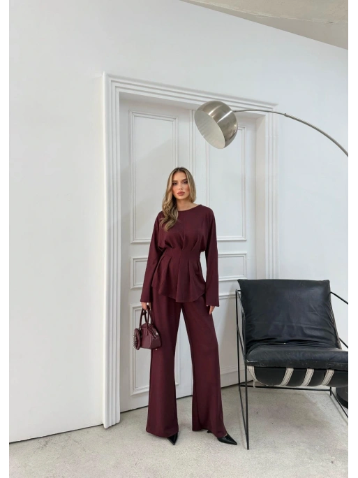 SIRT BAĞLAMA DETAY BLUZ VE PANTOLONLU MODAL İKİLİ TAKIM BORDO