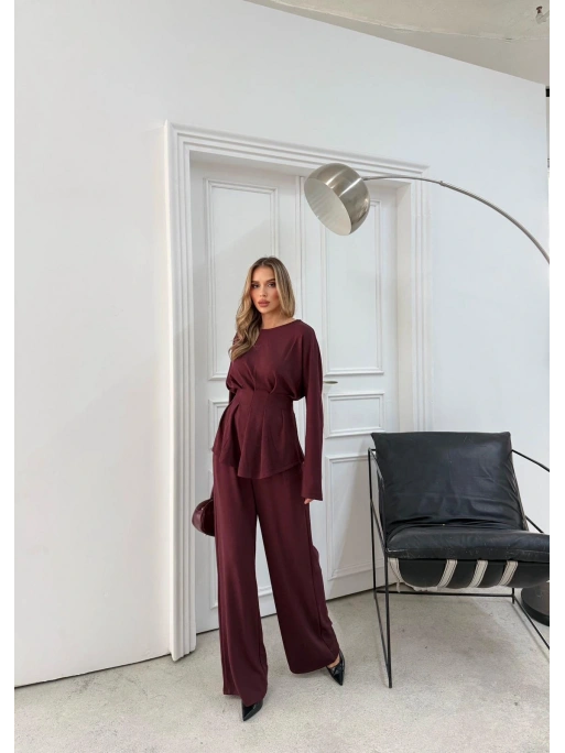 SIRT BAĞLAMA DETAY BLUZ VE PANTOLONLU MODAL İKİLİ TAKIM BORDO