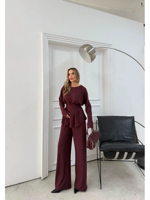 SIRT BAĞLAMA DETAY BLUZ VE PANTOLONLU MODAL İKİLİ TAKIM BORDO
