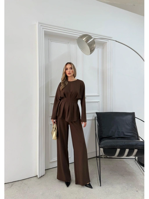 SIRT BAĞLAMA DETAY BLUZ VE PANTOLONLU MODAL İKİLİ TAKIM KAHVE