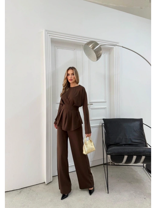 SIRT BAĞLAMA DETAY BLUZ VE PANTOLONLU MODAL İKİLİ TAKIM KAHVE
