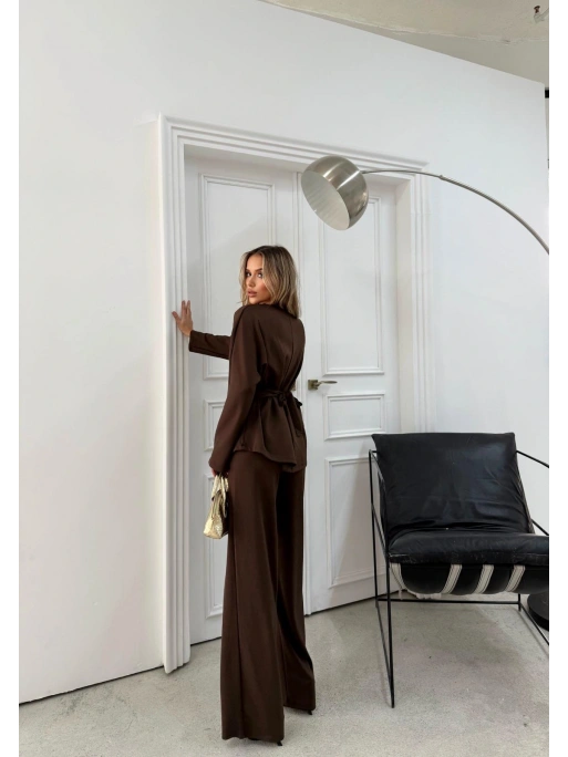 SIRT BAĞLAMA DETAY BLUZ VE PANTOLONLU MODAL İKİLİ TAKIM KAHVE