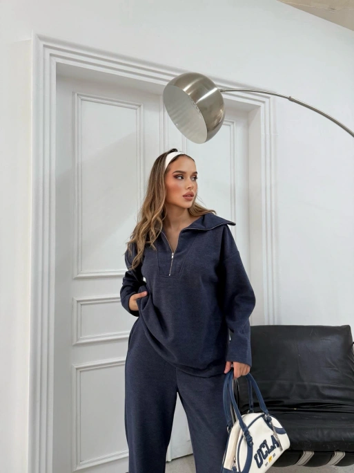 FERMUARLI ŞAL YAKA KAZAK VE PANTOLONLU TRİKO TAKIM LACİVERT