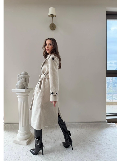 OMUZ VE KOL APOLET DETAY BEL KUŞAKLI ASTARLI KAŞE KABAN KREM 2041