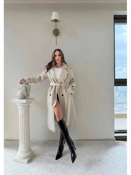 OMUZ VE KOL APOLET DETAY BEL KUŞAKLI ASTARLI KAŞE KABAN KREM 2041