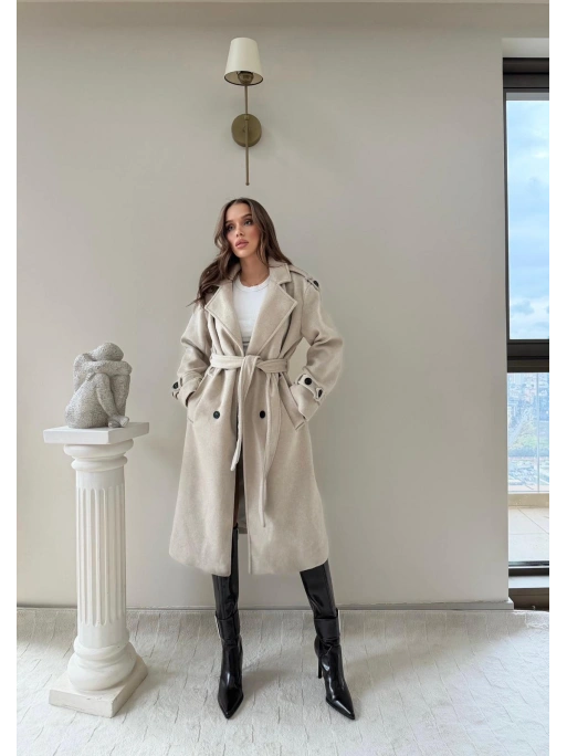 OMUZ VE KOL APOLET DETAY BEL KUŞAKLI ASTARLI KAŞE KABAN KREM 2041