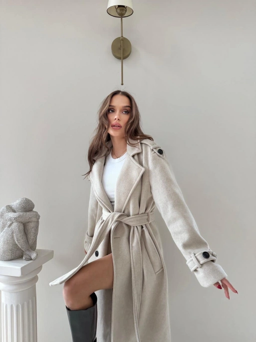 OMUZ VE KOL APOLET DETAY BEL KUŞAKLI ASTARLI KAŞE KABAN KREM 2041