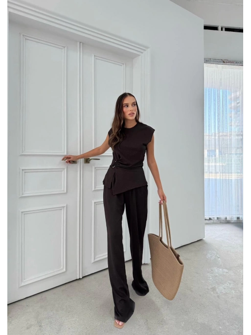 AKSESUAR DETAY BLUZ VE PANTOLONLU GOFRE İKİLİ TAKIM KAHVE