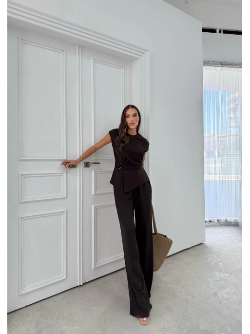 AKSESUAR DETAY BLUZ VE PANTOLONLU GOFRE İKİLİ TAKIM KAHVE