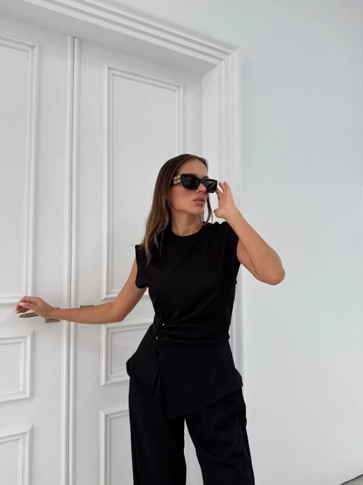 AKSESUAR DETAY BLUZ VE PANTOLONLU GOFRE İKİLİ TAKIM SİYAH